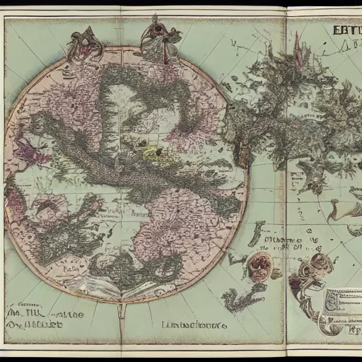 Prompt: map of a fictional fantasy world by Ernst Haeckel with explanations