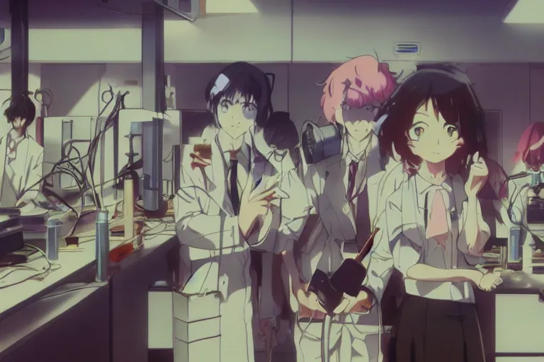 Prompt: anime still of reckless!!! whimsical! trippy scientists in a lab inventing, presentation, scattered tables overloaded with doomsday devices and beakers and test tubes, by makoto shinkai yoshinari yoh ilya kuvshinov