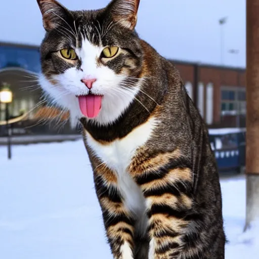 Prompt: Wow, the tongue of this cat is really stickinig to the lamp post! Poor thing, it's so cold. It's long tongue must be freezing.