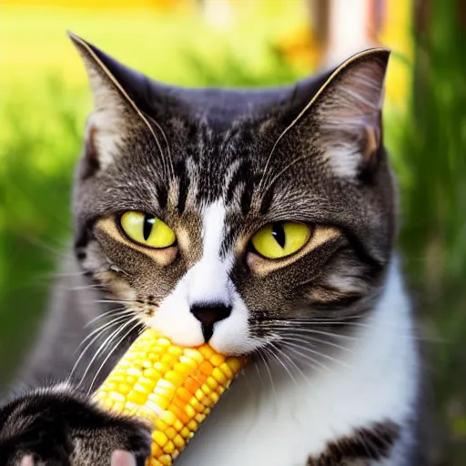 Image similar to low resolution photograph of a cat eating corn on the cob