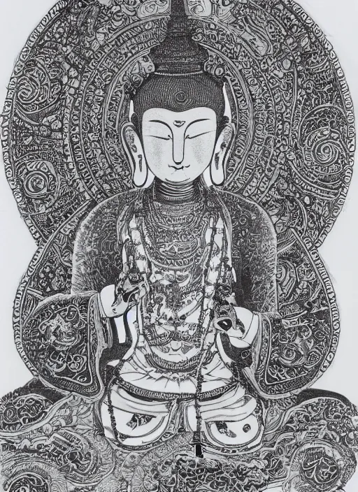 Image similar to detailed pen and ink illustration of a man with a bears head, Buddhist bodhisattva, anthropomorphic, all drawn with micron, seated in royal ease, black micron pen on white paper, highly detailed, fine pen work, white background