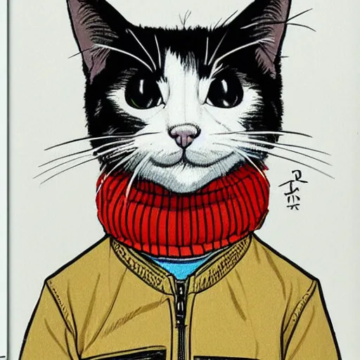 Prompt: cat portrait, colored, by Yusuke Murata wearing trendy streetwear