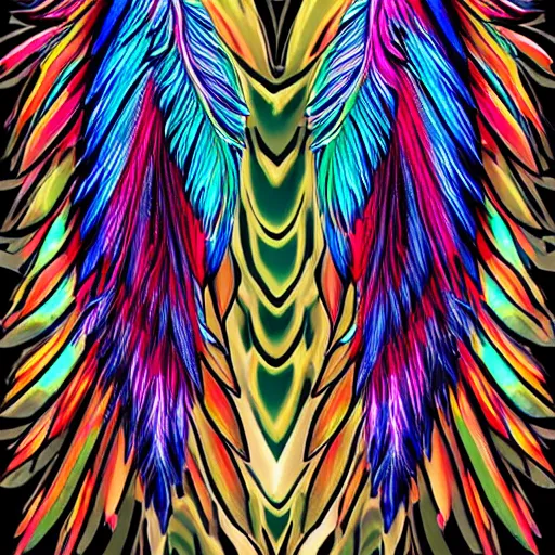 Image similar to spear of feathered wings, prismatic, multi colored feathers, anime style, white background