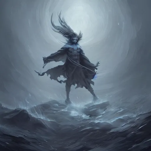 Image similar to grey humanoid wind spirit, epic fantasy style, in the style of Greg Rutkowski, mythology artwork