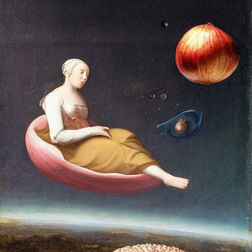 Image similar to an Onion floating in space, in the style of a renaissance painting