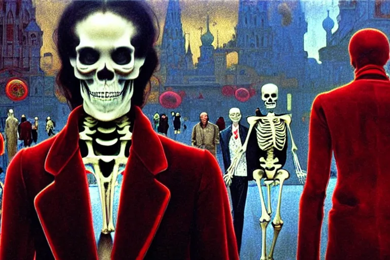 Image similar to realistic detailed photorealistic film portrait shot of a single skeleton wearing crimson velvet blazer in a crowded futuristic moscow street by Denis Villeneuve, Amano, Yves Tanguy, Alphonse Mucha, Ernst Haeckel, Andrei Tarkovsky, Edward Robert Hughes, Roger Dean, rich moody colours, wide angle, blue eyes