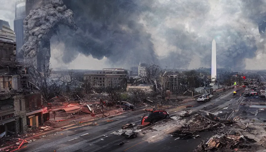 Prompt: tornado destroy washington dc, debris, destruction, fire, smoke columns, ashes, hyperdetailed, artstation, cgsociety, 8 k