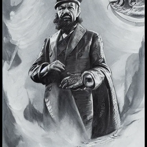 Prompt: Walter Matthau as Captain Nemo, standing next to the Nautilus, super-detailed, trending on artstation, photorealistic, grim