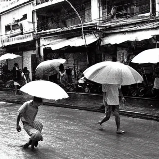 Prompt: rain season in saigon, old photos