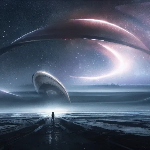 Image similar to do not go gentle into that good night, the galaxy is overhead, science fiction, interstellar, mysterious, highly detailed, fantasy, digital art, professional illustration, realism, hyper - detail, atmospheric, cinematic lighting, cinematic concept art, hyper - detail, crazy detail, corona rendering, octane rendering, color redshift rendering