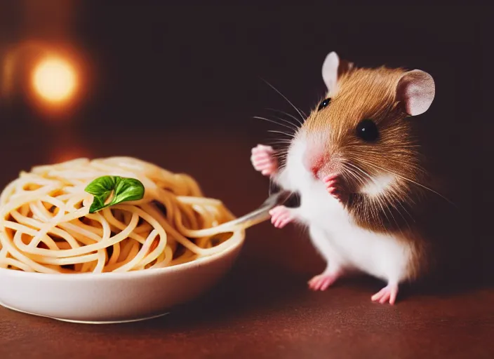 Prompt: photo of a hamster eating spaghetti, at night, candlelit restaurant table, various poses, unedited, soft light, centered, sharp focus, 8 k