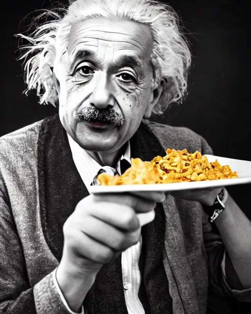 Image similar to A photo of Albert Einstein eating Samosa, highly detailed, trending on artstation, bokeh, 90mm, f/1.4