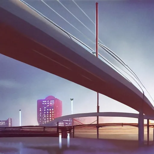 Image similar to futuristic provencher bridge in winnipeg, david a. hardy, victor einrich, gregory crewdson, ian mcque, mike winkelmann, simon stalenhag,