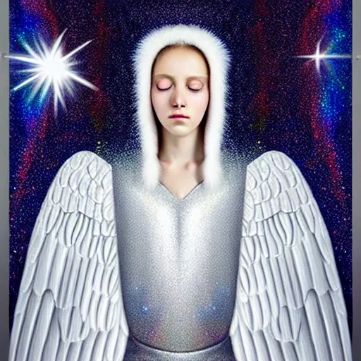 Image similar to beautiful high details hyper realistic painting of white angel in the hood coming from space with giant ball of miracle light from the chest!!!!!, 4 k hd face!!!, fashion face, no gender, giant silver holographic wings, by jan van eyck, holography space, white sparkles everywhere, thin strokes, high textures, silver background