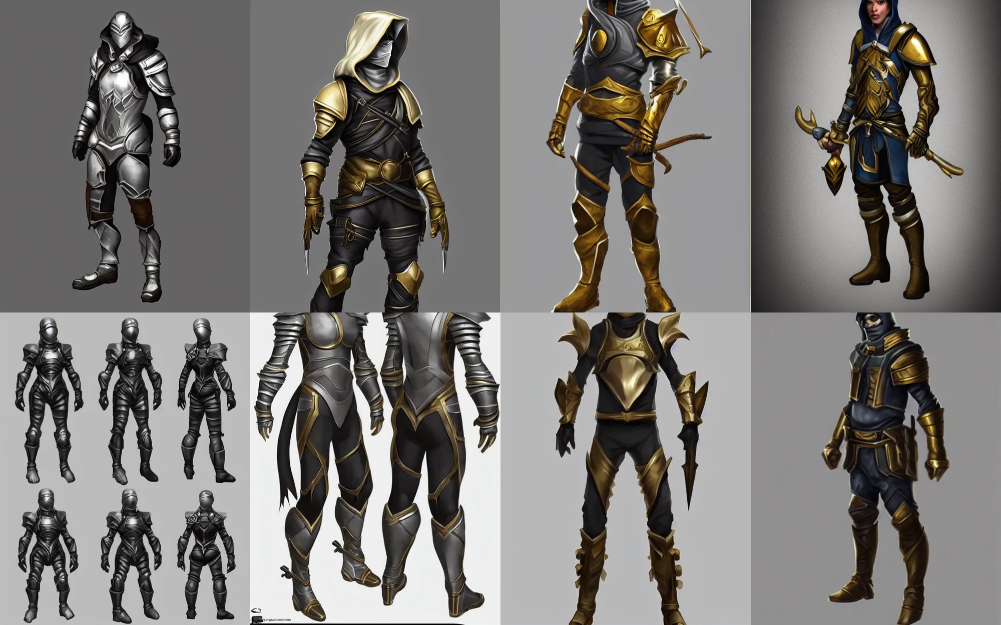 Prompt: male rogue medium armor, trending on artstation, silver, gold trim, fantasy character art, smooth shading, extremely clean, uncluttered, high-quality, exaggerated proportions, very professional