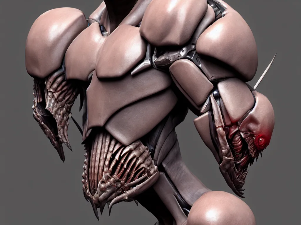 Image similar to game concept art, muscular, exoskeleton, chiroptera head, isopod, hyperrealism, fine detail, artstation, cgsociety, zbrush, no background