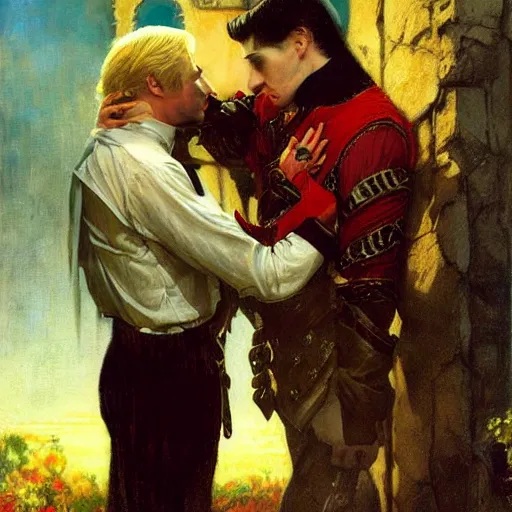 Image similar to attractive male, arthur pendragon confesses his love to attractive male dracula the vampire. highly detailed painting by gaston bussiere, craig mullins, j. c. leyendecker 8 k