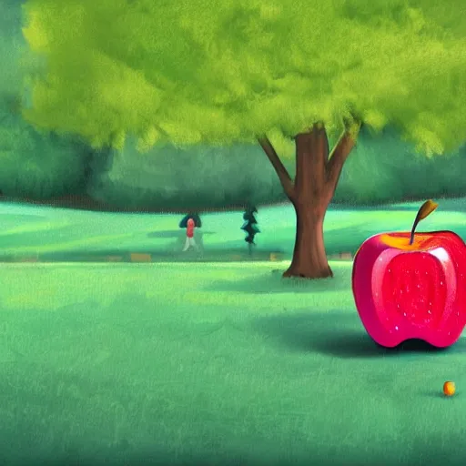 Prompt: A humanoid apple running in a park, digital painting, in the style of Pixar