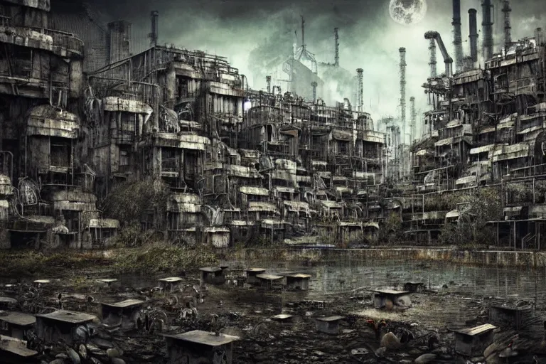 Image similar to gothic river favela honeybee hive, brutalist environment, industrial factory, apocalyptic, somber, award winning art, epic dreamlike fantasy landscape, ultra realistic,