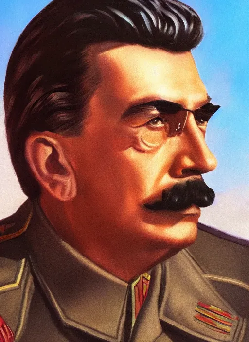 Prompt: high detail portrait oil painting illustration of Joseph Stalin in sunglasses, scenic background, dramatic, action hero, 80s movie, artstation, high quality