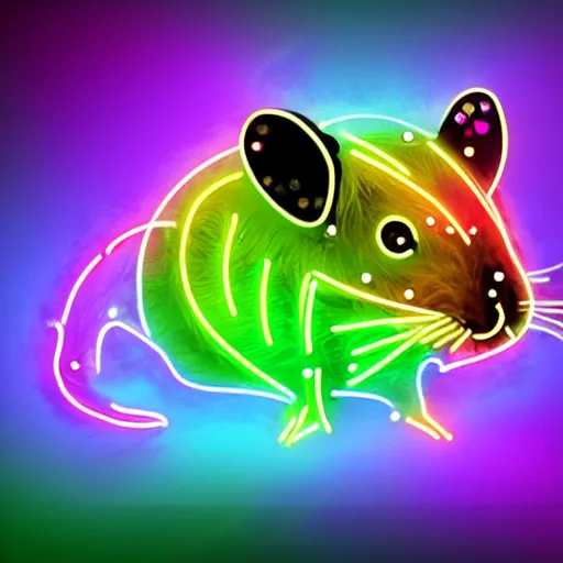 Image similar to cyberpunk hamster made of glowing rainbow neon lights, gems and crystals, light reflection, 8 k, hd, logo