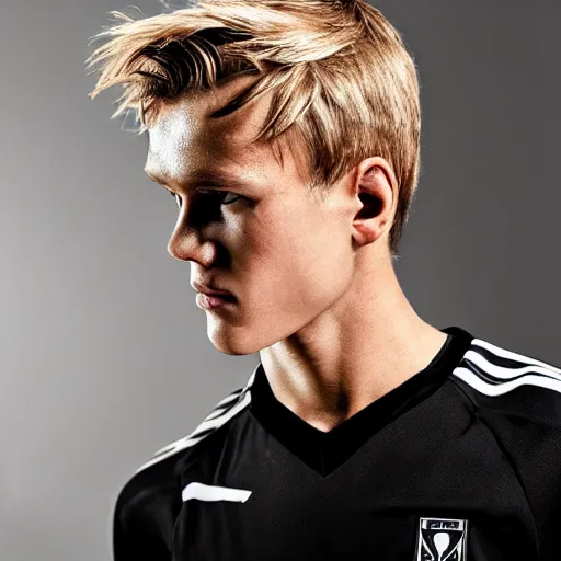 Image similar to a realistic detailed photo of a guy who is an attractive humanoid who is half robot and half humanoid, who is a male android, soccer player martin ødegaard, shiny skin, posing like a statue, blank stare, in a living room, on display, showing off his muscles