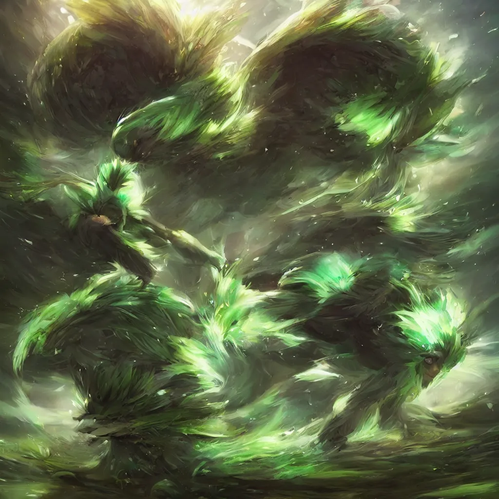 Image similar to a cute beautiful earth type pokemon, green feathers bursting out of his hair, full body shot, highly detailed digital art, 3 d perspective, award - winning illustration, aesthetic, smooth, pokemon style, made by greg rutkowski, with an alien landscape in the background