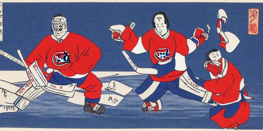 Image similar to habs hockey player suzuki breakaway ukiyo - e style,