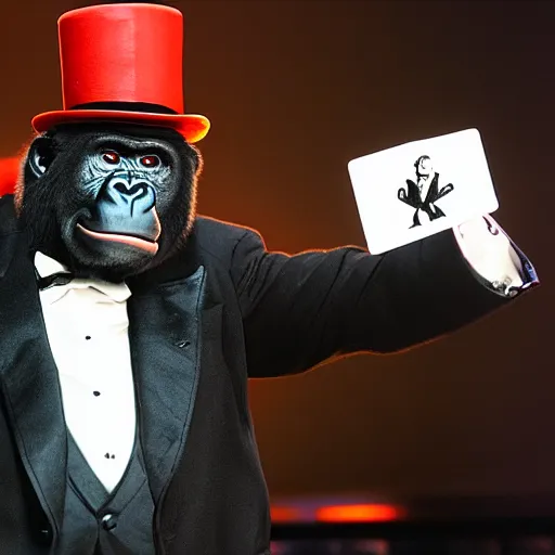 Image similar to a gorilla wearing a tuxedo and top hat while performing magic on a stage in Las Vegas