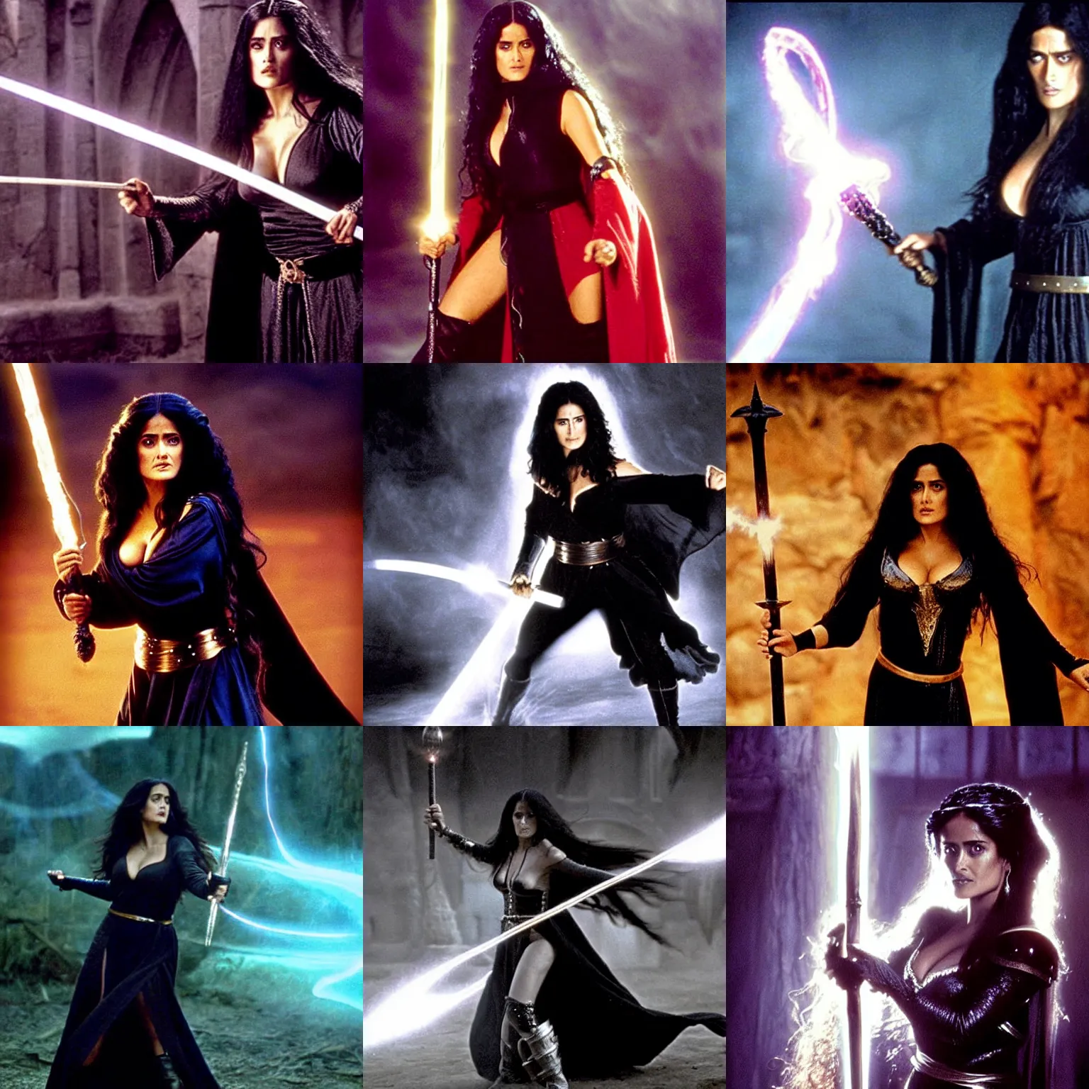 Prompt: epic photo of salma hayek as beautiful medieval sorceress with very long black hair wearing a black satin robe and metal belt, battle scene, holding her wizard staff electricity emanating from it, sweaty, in the film excalibur 1 9 8 1, movie still, cinematography by david fincher