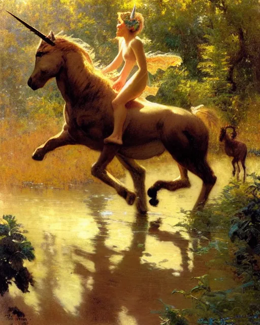 Image similar to a wild unicorn rears and points its hooves at an approaching wildcat, enchanted forest, painting by gaston bussiere, craig mullins, j. c. leyendecker