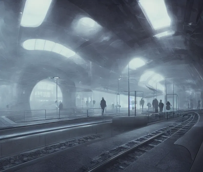 Image similar to Futuristic subway station , gloomy and foggy atmosphere, octane render, artstation trending, horror scene, highly detailded