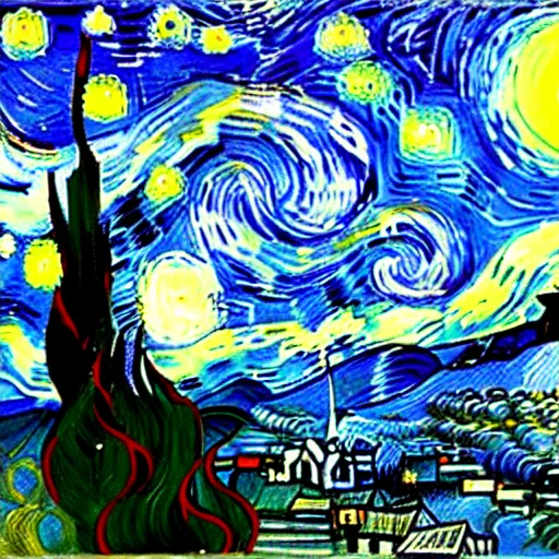 Image similar to starry night on mars, green towers, painting by van gogh