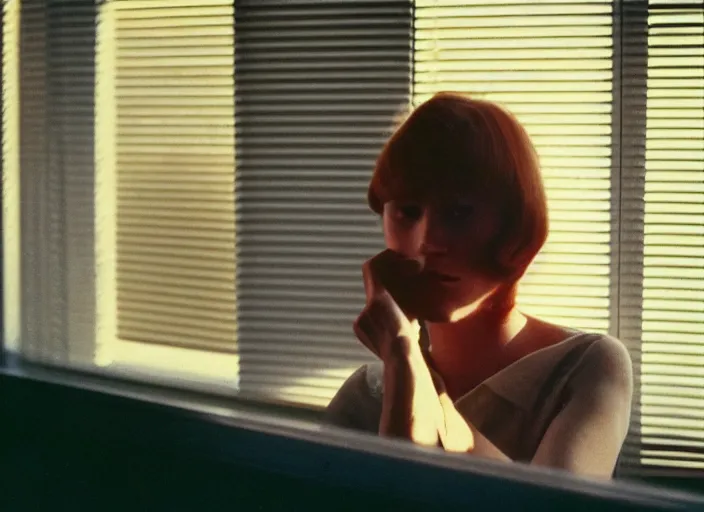 Prompt: close-up color film photography 1970s, long shot, young ginger woman in office with the shadow of the blinds on her face, soft focus, golden hour, soft light, 35mm, film photo, Joel Meyerowitz