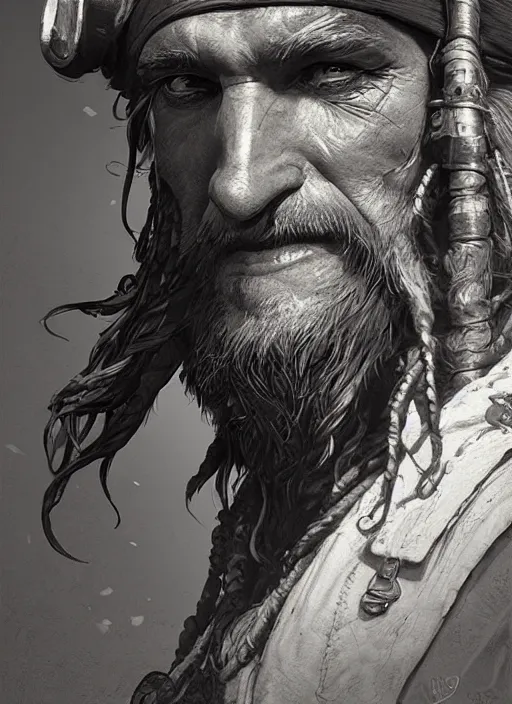 Prompt: portrait, old pirate captain, Dynamic lighting, cinematic, establishing shot, extremely high detail, foto realistic, cinematic lighting, pen and ink, intricate line drawings, post processed, concept art, artstation, matte painting, style by Raphael Lacoste, Eddie Mendoza