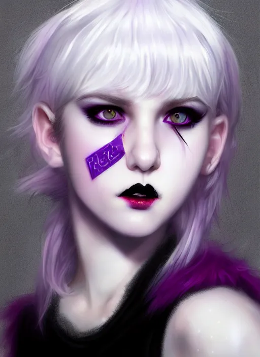 Image similar to portrait of white teenage girl, normal face, white bangs, mall goth, cyberlox, black and white hair, bangs, fluffy bangs, red contact lenses, purple lipstick, intricate, elegant, highly detailed, digital painting, artstation, concept art, sharp focus, smooth, illustration, art by wlop, mars ravelo and greg rutkowski