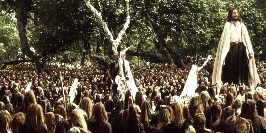 Image similar to 35mm picture of Aragorn being crowned king under the white tree of Minas Tirith, lord of the rings