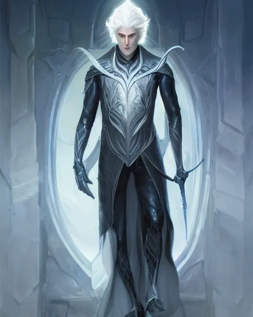 Image similar to character portrait of a slender young half white haired elven man with piercing blue eyes and pale bluish skin, wearing sleek pearlescent black wraithbone armor, by greg rutkowski and mark brookes and jim burns and tom bagshaw and magali villeneuve, trending on artstation