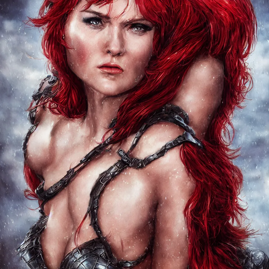 Image similar to hyper realistic photo of red sonja portrait, cinematic