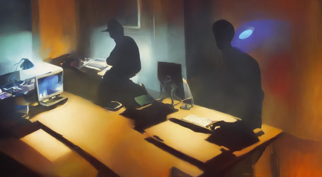 Image similar to a shadow figure working on the computer, emitting a bright white light, vivid colors, soft lighting, atmospheric, cinematic, moody, oil on canvas, 8 k