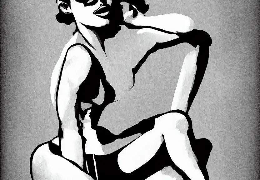 Prompt: painting of the figure of a pin up girl posing, high contrast, poster, clothes in the fashion of 6 0's, concept art, black and white, dramatic lighting, digital art, 8 k, drawn by arnold armitage