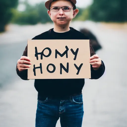 Prompt: bear holding a sign that says honey, 5 0 mm lens, bokeh, good lighting