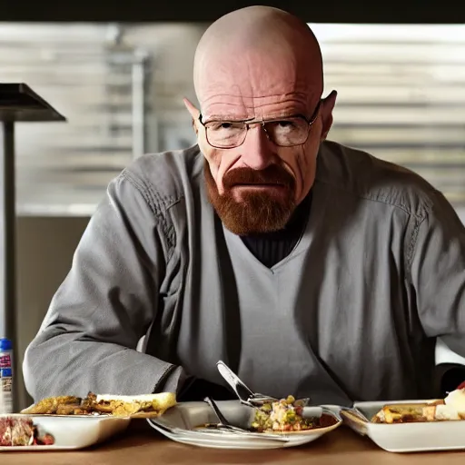 Walter White with down syndrome eating lunch alone in | Stable Diffusion