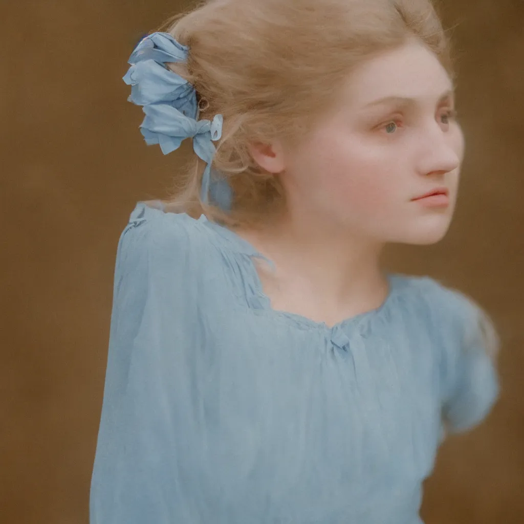 Image similar to portrait of a young lady in a light blue dress 1 9 0 0 s entire face shown in great detail, looking at the camera, full body in camera, blonde hair, garden, photorealistic, extreme detail, sharp focus, 8 k, intricate, hyper detailed, realistic, cinematic lighting