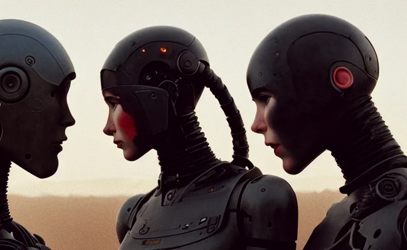 Image similar to cinestill 5 0 d photographic portrait by helen levitt of two loving female androids wearing rugged black mesh techwear on a desolate plain, extreme closeup, modern cyberpunk moody emotional cinematic, dust storm, 8 k, hd, high resolution, 3 5 mm, f / 3 2, ultra realistic faces, ex machina