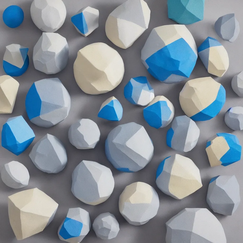 Prompt: 3 dimensional solid large globular geometric 3 d shapes made of solid impasto oil paint, with strong top right lighting creating shadows, colours cream and blue - grey