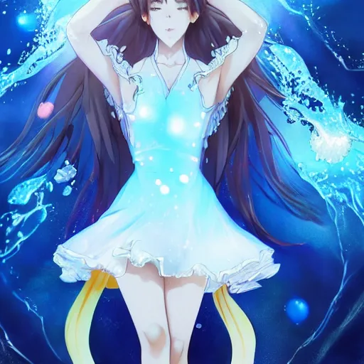 Prompt: a very beautiful anime girl wearing a dress made of water standing in a crystal lake , full body, long black hair, azure blue watery eyes, full round face, seductive stare, cinematic lightning, medium shot, mid-shot, highly detailed, trending on artstation, Unreal Engine 4k, Stanley Artgerm Lau, WLOP, Rossdraws, James Jean, Andrei Riabovitchev, Marc Simonetti, and Sakimichan