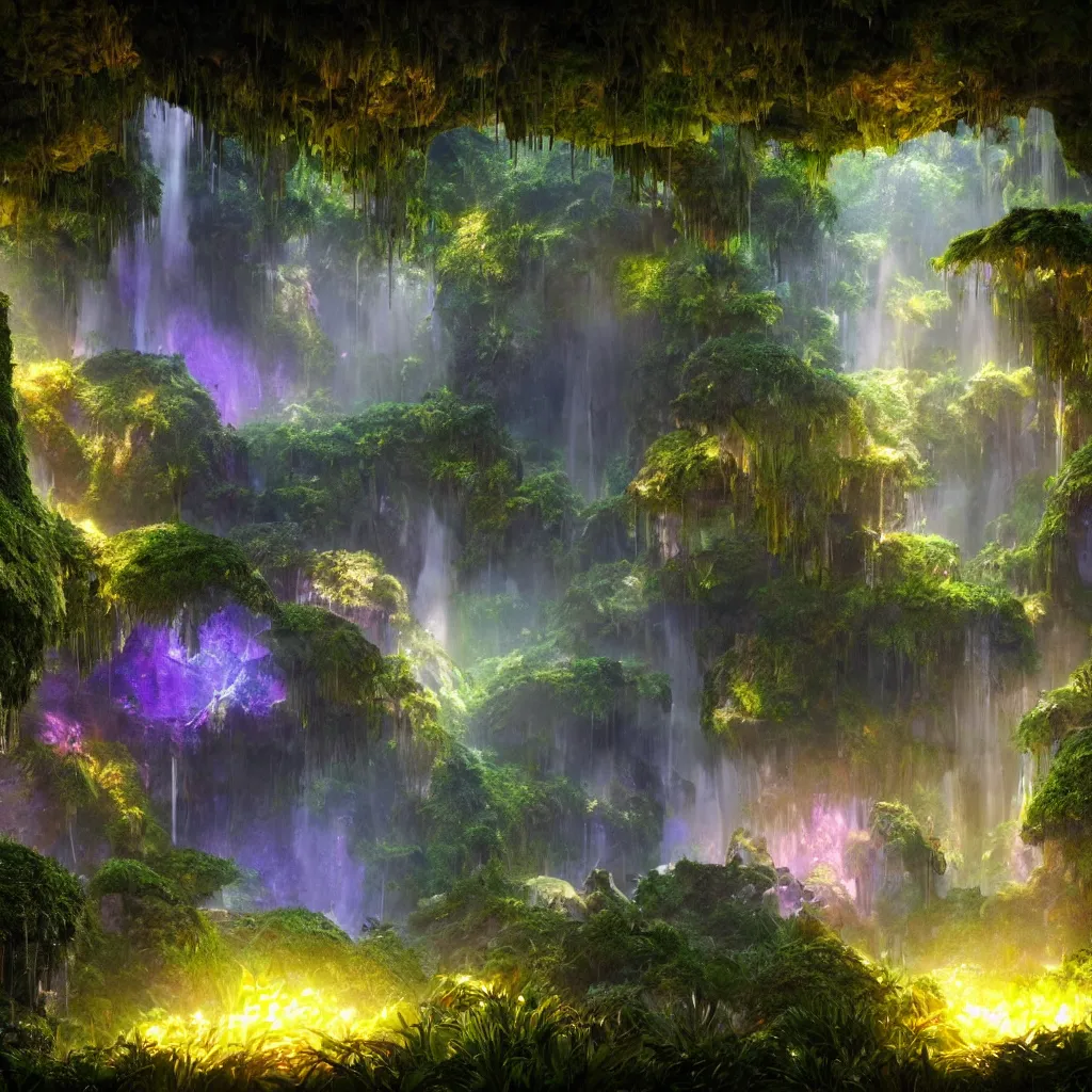 Prompt: a beautiful and stunning digital render of an epic glowing crystal cave, a lush prehistoric jungle, dimly glowing mushrooms, haze, waterfall, volumetric lighting, photorealistic, unreal engine 5, ultra detail, trending on artstation