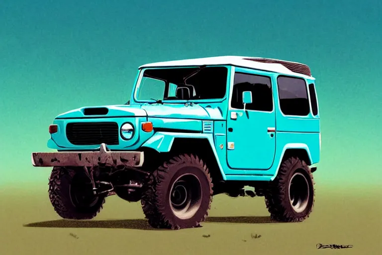 Image similar to digital illustration of a faded cyan mad max's fj 4 0 decrepit!!!! pursuit special, rusty!!! nissan fj cruiser heavily modded 1 9 9 0 s, the last v 8 interceptor by makoto shinkai, ilya kuvshinov, lois van baarle, rossdraws, basquiat