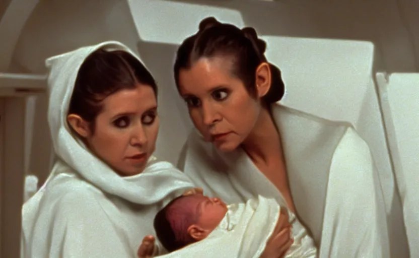 Image similar to screenshot of Princess Leia Organa holding a new born baby in a swaddle, Han Solo watches, iconic scene from 1970s film directed by by Stanley Kubrick, in a sci fi nursing home architecture, 4k HD sharp, cinematic still frame, photoreal, detailed face, moody lighting, stunning cinematography, anamorphic lenses, kodak color film stock